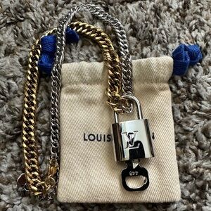 Authentic Louis Vuitton #448 Silver Lock and Key Two Tone Chain Necklace